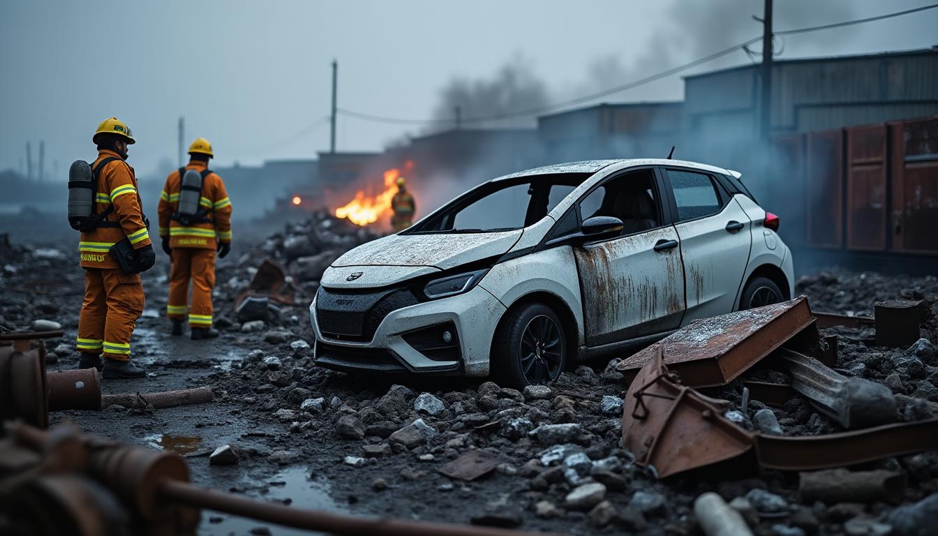 un incendie impliquant une voiture électrique mobilise 26 pompiers à la casse automobile d'anjoutey, dans le territoire de belfort, soulignant les défis spécifiques liés aux feux de véhicules électriques.