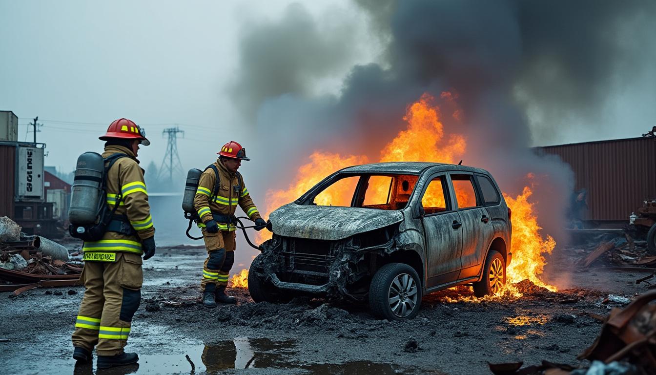 un incendie impliquant une voiture électrique dans une casse automobile à anjoutey, territoire de belfort, mobilise 26 pompiers pour maîtriser le feu rapidement et en toute sécurité.
