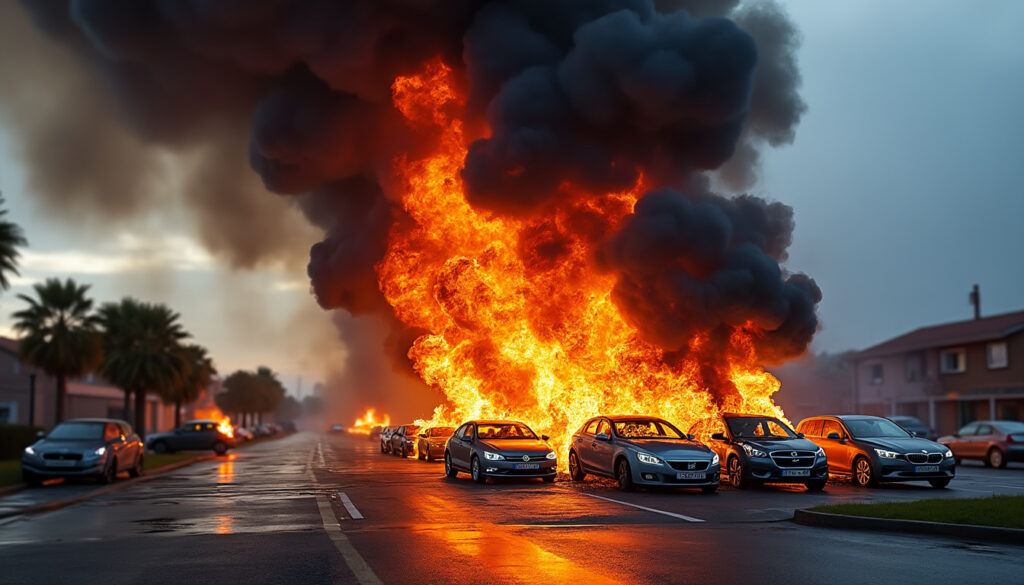 un feu spectaculaire éclate dans une concession automobile en périphérie de toulouse, avec plusieurs véhicules entièrement en flammes, causant des dégâts importants.