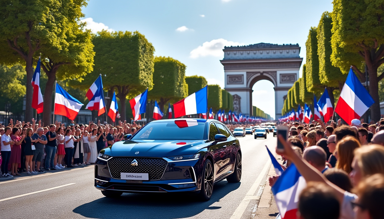 en juillet, emmanuel macron inaugure une nouvelle voiture présidentielle, la ds n°7 100% électrique, symbolisant l'engagement pour la transition écologique et l'innovation française.