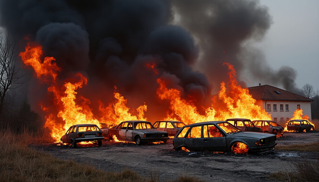 un incendie d'origine dans une casse automobile en ardèche ravage 25 véhicules et met en danger une habitation voisine. suivez les interventions en cours et les mesures prises.