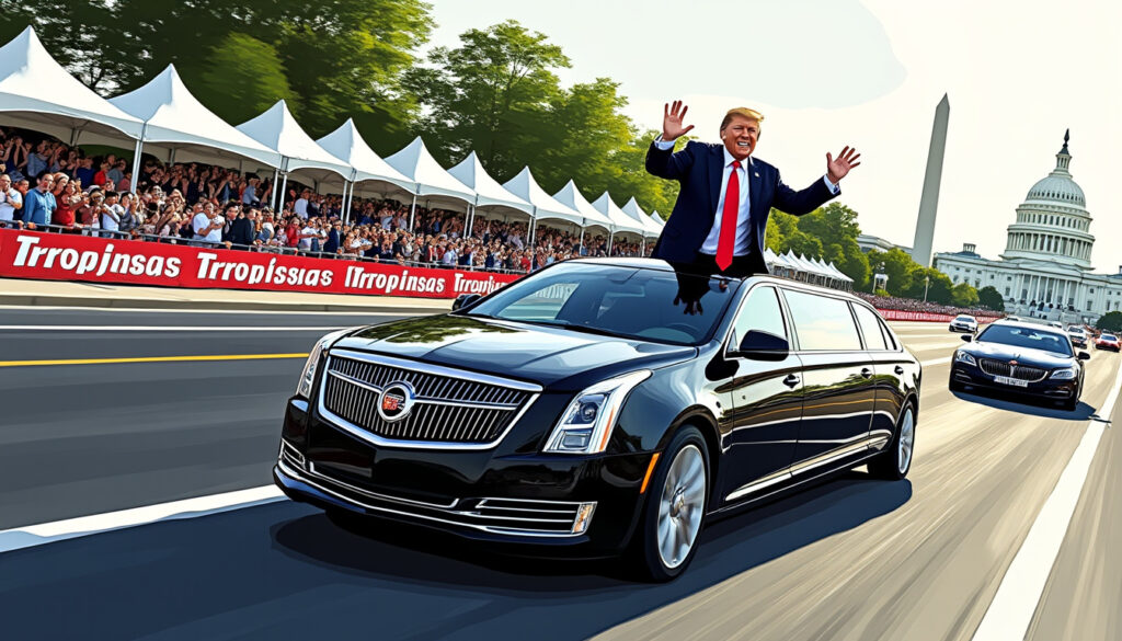 donald trump, passionné d'automobile, inaugure un grand prix spectaculaire dans les rues de washington à bord d'une limousine, mêlant vitesse et élégance au cœur de la capitale.